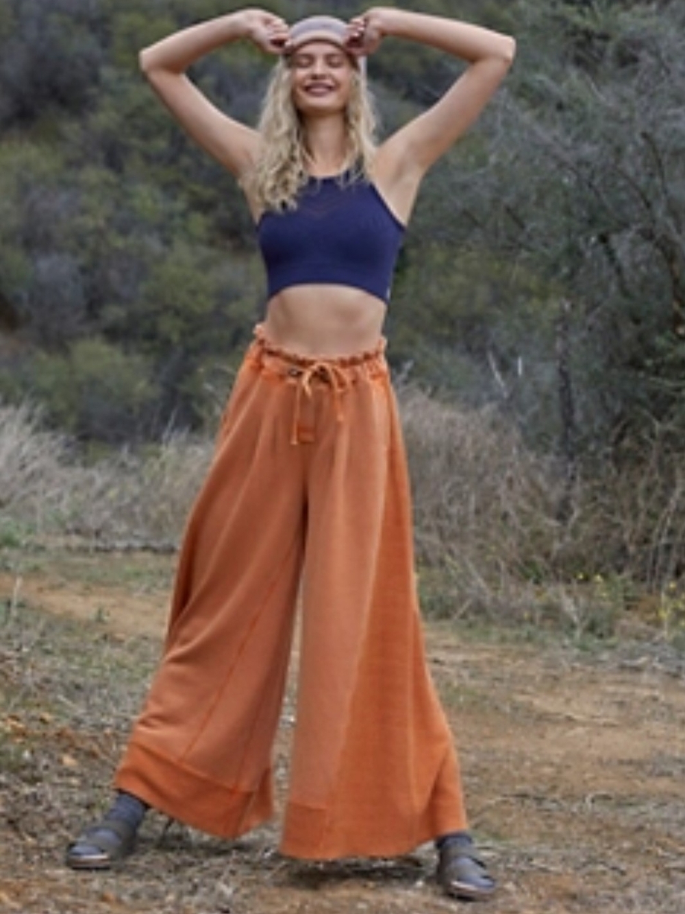 Free People Wide-Leg Drawstring Pants in Rust Orange